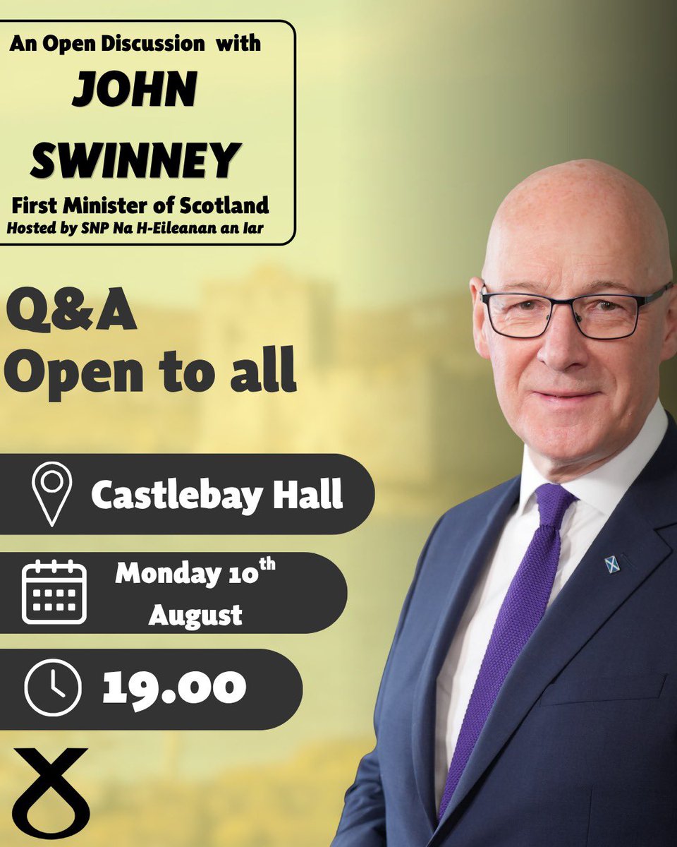 snp_hebs's tweet photo. 📣 Exciting news! 📣
You’re invited to join a special Q&A session with Scotland’s First Minister, John Swinney.
**Doors open at 6:30pm, with the Q&A beginning at 7pm.**
All are warmly welcome - we look forward to seeing you there!
#SNP #FirstMinister #Barra #WesternIsles https://t.co/mbPHsY2YJP