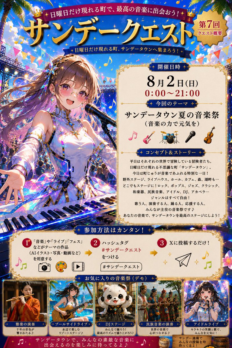 bestbuy_note's tweet photo. 👑🎶 第7回 #サンデークエスト 告知！ ✨

📅 8/2(日) 0:00〜21:00

今回のテーマは…

🎵 「サンデータウン夏の音楽祭」
〜音楽の力で元気を〜 🎤✨

日曜日だけ現れる町 サンデータウンに、
夏フェスがやってきます🎉🎶

野外ステージ、ライブハウス、ホール、カフェ、森、湖畔、プールサイド…
町じゅうがステージに変わる、音楽あふれる一日です🌴✨

ロック・ポップス・ジャズ・クラシック・吹奏楽・和楽器・雅楽・民族音楽・アイドル・DJ・アカペラなど…
ジャンルはもちろん自由！ 🎼🎷🥁🎻🎹

🎨 イラストだけで大歓迎です🥹💕

あなたが主役となって歌ったり、演奏したり、踊ったり…。
ソロでも、バンドでも、アイドルでも、オーケストラでもOK✨

もちろん、フェスを楽しむ観客やスタッフ、音楽祭の風景など、
サンデータウン夏の音楽祭を自由に描いていただいても大歓迎です😊🎶

あなたなら、サンデータウンのどんなステージに出演しますか？ ✨

📝 参加方法

① テーマ「サンデータウン夏の音楽祭」の作品を作成
（AIイラスト・写真・動画など）

② ハッシュタグ
#サンデークエスト を付ける

③ Xへ投稿するだけ✨

日曜日のサンデータウンで、
みなさんが奏でる素敵な音楽と、最高のステージに出会えることを楽しみにしています🥰💜✨