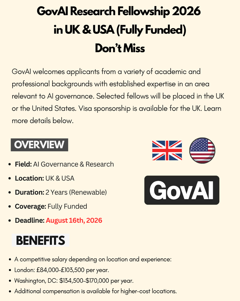 oppradar's tweet photo. GovAI Research Fellowship 2026 in the UK & USA (Fully Funded)
Apply: https://t.co/Lae6HzUJOb
GovAI welcomes applicants from a variety of academic and professional backgrounds with established expertise in an area relevant to AI governance.
#UK #USA #Fellowship #GovAI https://t.co/Z2mX4Zl1HN