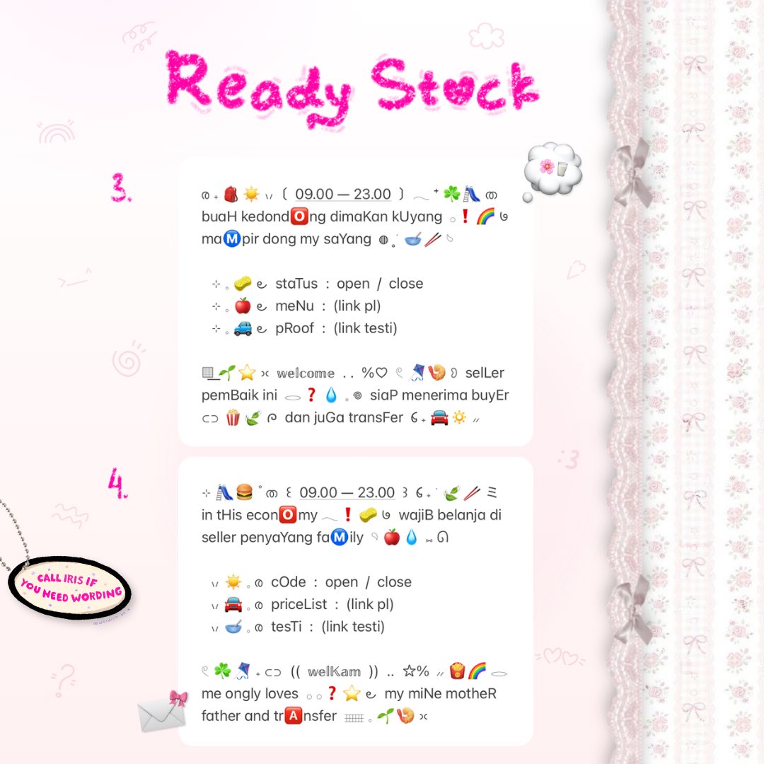 wordinh's tweet photo. ⠀
𝗁𝖾𝗅𝗉 𝑟𝑒𝑝𝑜𝑠𝑡 𝗉𝗅𝖾𝖾𝗄?  ..  ♡

🍎🌸  freshly made  ..  (  BIO WABIS WORDING  )  🥣🥢  yuk jajan, only 5.500 coins / each!  ☘️🎀  free req ganti emoji yaa lovelings  ☀️🛝  available in theme:  cutesy &amp;&amp;. jamethetic  🚘💧

 #bealanja rs ready stock https://t.co/171YvUdOnR