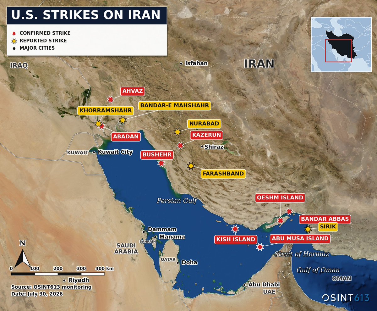 Osint613's tweet photo. UPDATED OSINT613 MAP: Last night’s U.S. strikes were reported across southern Iran, making them one of the most geographically widespread strike waves of the current campaign.

According to CENTCOM, the targets included:

• IRGC military command centers
• Missile facilities
• Drone facilities
• Coastal surveillance sites
• Coastal defense sites
• Maritime capabilities

Confirmed strikes in red:
• Qeshm Island
• Bandar Abbas
• Kish Island
• Abu Musa Island
• Ahvaz
• Abadan
• Bushehr
• Kazerun

Reported but not independently confirmed in yellow:
• Khorramshahr
• Bandar-e Mahshahr
• Farashband
• Nurabad
• Sirik (officially disputed)