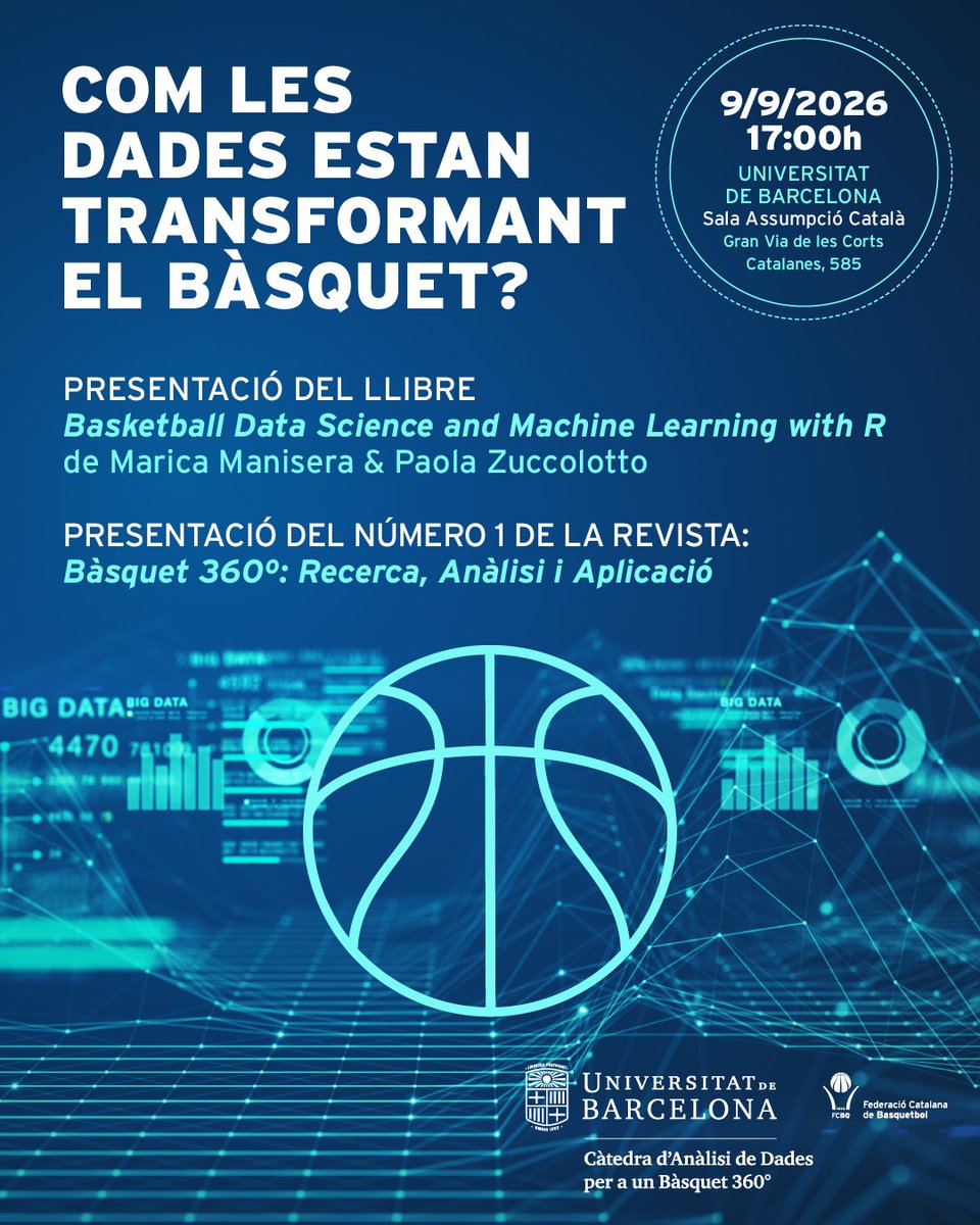 FCBQ's tweet photo. Com les dades estan transformant el bàsquet?

🏀 La Càtedra UB–FCBQ presenta el llibre 'Basketball Data Science and Machine Learning with R' i la revista 'Bàsquet 360º: Recerca, Anàlisi i Aplicació'

📅 9 de setembre
 📍 Edifici Històric de la UB

➡️ https://t.co/3xE09YLHs7 https://t.co/mmoMT1qIXN