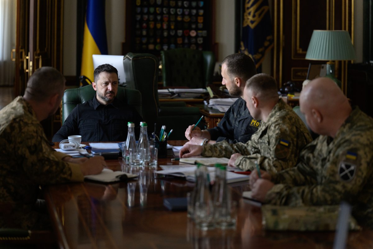 ZelenskyyUa's tweet photo. Briefing from Mykhailo Drapatyi, Ihor Skybiuk, Yevhenii Khmara, and Pavlo Palisa. We discussed in detail the challenges we are facing now because of Russia’s tactics of ballistic missile strikes, and our ability to counter this tactic, both at the military and diplomatic levels. We identified solutions and technological steps, as well as asymmetric measures that can give Ukraine greater protection. 

There was a briefing on the situation at the front, primarily in the areas of Slovyansk and Kostiantynivka, and also on the situation with the maritime export corridor – what has already been done in this area and what action plan is still to be implemented. I am grateful to all the warriors and units involved in carrying out our plan of long-range sanctions against Russia for its war. Our mid-range strikes operation against Russian forces and positions in the temporarily occupied territory of Ukraine, including our Crimea, is ongoing. We updated the list of top priorities for mid-range strikes. I instructed the Commander-in-Chief of the Armed Forces of Ukraine to strengthen information-sharing and coordination with military leadership in the countries of our region. The teams at Ukraine’s Ministry of Defense and the Office will work with our partners in Europe who can help with the supply of air defense missiles. 

The General Staff of the Armed Forces of Ukraine is preparing a number of systemic changes that will, among other things, allow for a clearer assessment of the situation on the front line, a more rapid response to changes in the situation, and greater opportunities for brigades to respond effectively to Russian assault activity. Thank you to all the units that are truly holding Ukraine’s positions and preventing the occupier’s army from achieving the objectives set for it by Russia’s political leadership. Glory to Ukraine!