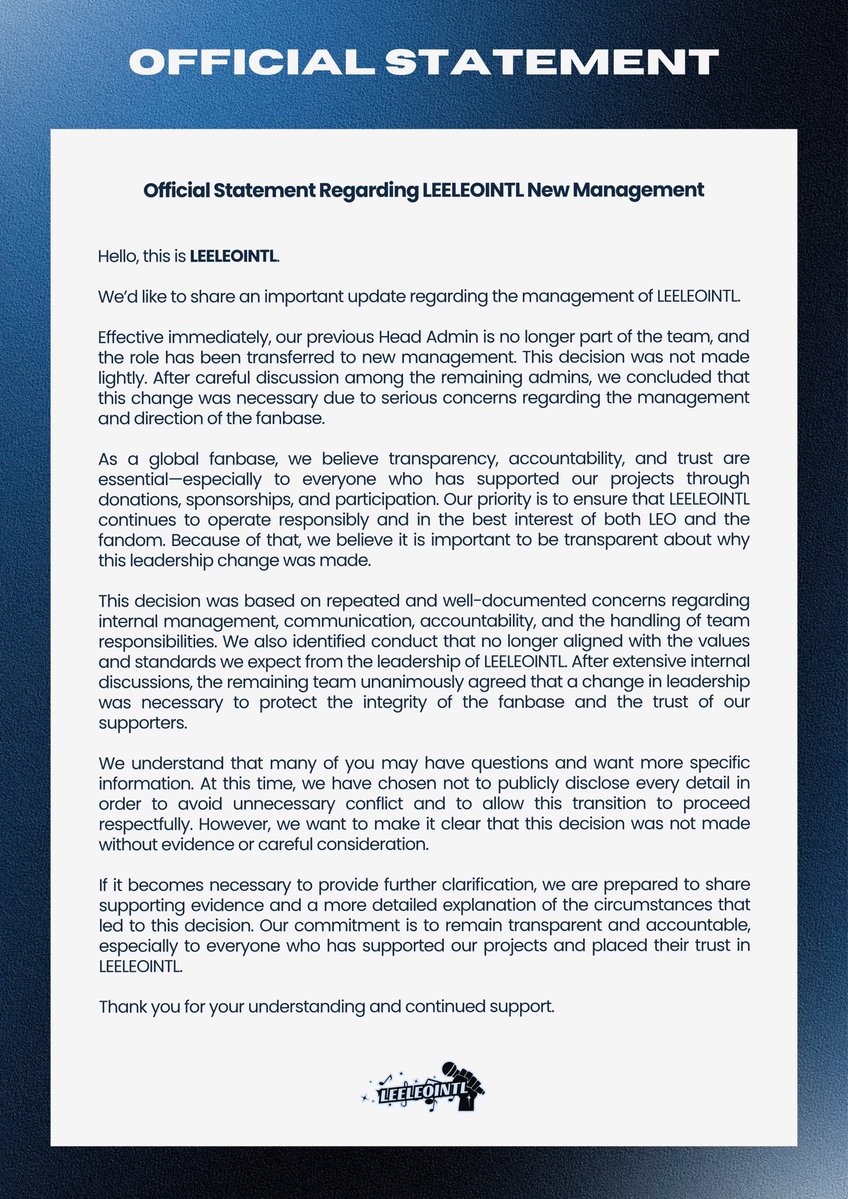 LEELEOINTL's tweet photo. [OFFICIAL STATEMENT] https://t.co/WrLjzi5Q6x