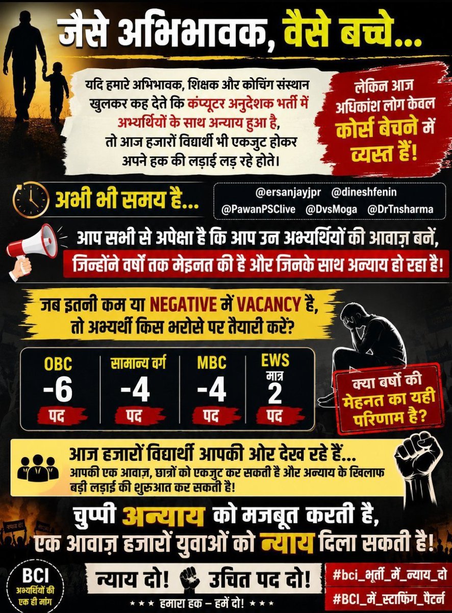 AR_CHOUDHARY021's tweet photo. @KumariDiya @BJP4India @BJP4Rajasthan युवा सिर्फ़ वादे नहीं, न्याय चाहते हैं।

कंप्यूटर अनुदेशक भर्ती में पदों की वास्तविक स्थिति स्पष्ट की जाए, पदों में वृद्धि की जाए और अभ्यर्थियों को पर्याप्त अवसर देने के लिए परीक्षा तिथि पर भी पुनर्विचार किया जाए।

#bci_भर्ती_में_न्याय_दो https://t.co/JuRpaWqiID