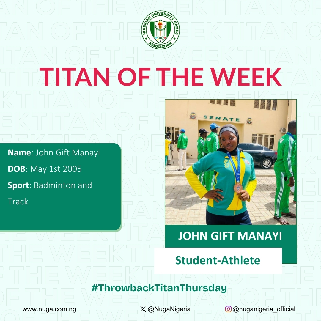 NUGANigeria's tweet photo. ๐ธ #ThrowbackTitanThursday | Titan of the Week
Meet John Gift Manayi of the Federal University Dutse,
Highlights:
๐ฅ Bronze Medalist, 27th NUGA Games (2025)
๐ธ Founder, Sporty Fudites
๐ฉ๐ฝโ๐ผ First Female Sports Director (SUG-FUD)
๐ Doubled female participation in sports
#NUGA https://t.co/vO0rVRPAt9