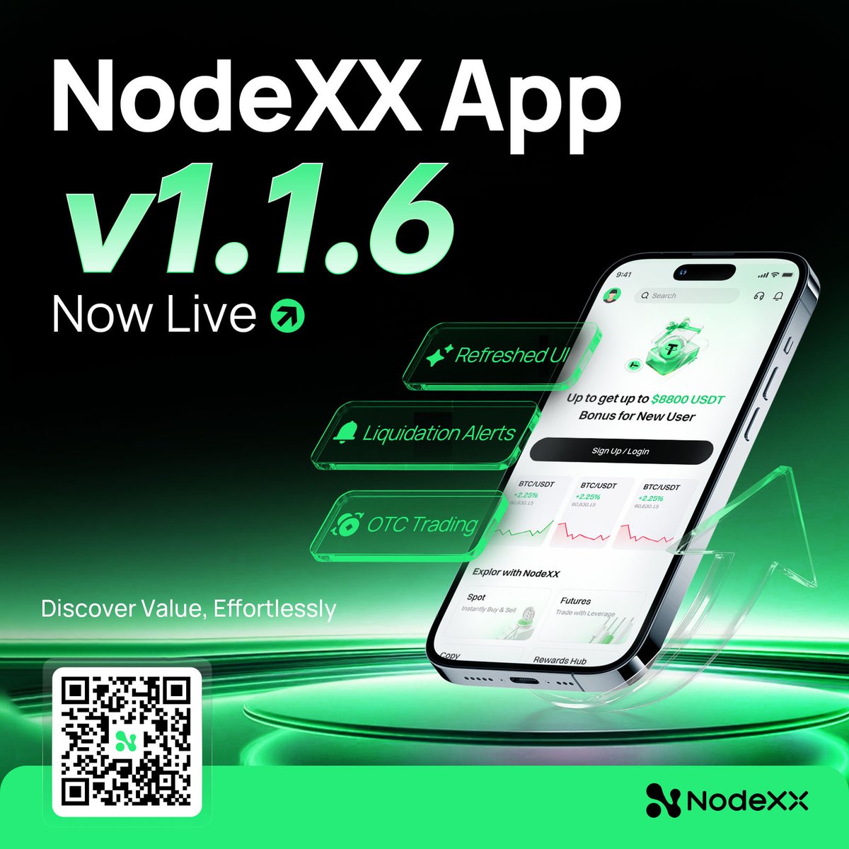 NodeXXOfficial's tweet photo. NodeXX App v1.1.6 is Now Live!🚀🚀🚀
Your mobile trading experience just got even better.

Android — Available now on Google Play:
https://t.co/VU8Rvnm5Q7
iOS — Available on the App Store:
https://t.co/q1kKY0ay09

What's New
Refreshed UI for a smoother experience
Added Liquidation Alerts to help you stay on top of your positions
OTC Trading is now live for faster and more convenient fiat transactions

NodeXX — Where Value Finds Its Node
#NodeXX  #NodeXXAppUpdate
