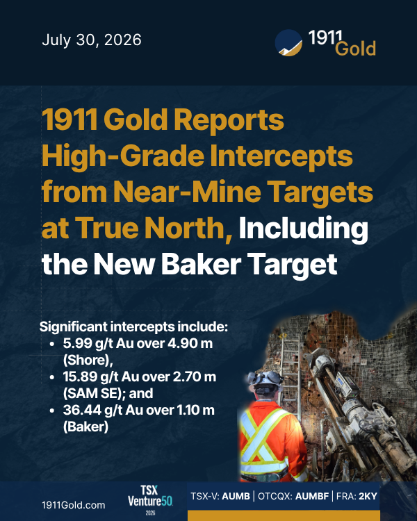 1911goldcorp's tweet photo. $AUMB is pleased to report high-grade intercepts from near-mine targets at #TrueNorth

The results provide confidence that these zones will contribute meaningfully to the MRE Update in Q4/2026

Read News: https://t.co/UrUSaMzNRl

$AUMBF #Gold #Highgrade #Manitoba https://t.co/RQPb3vrSl7