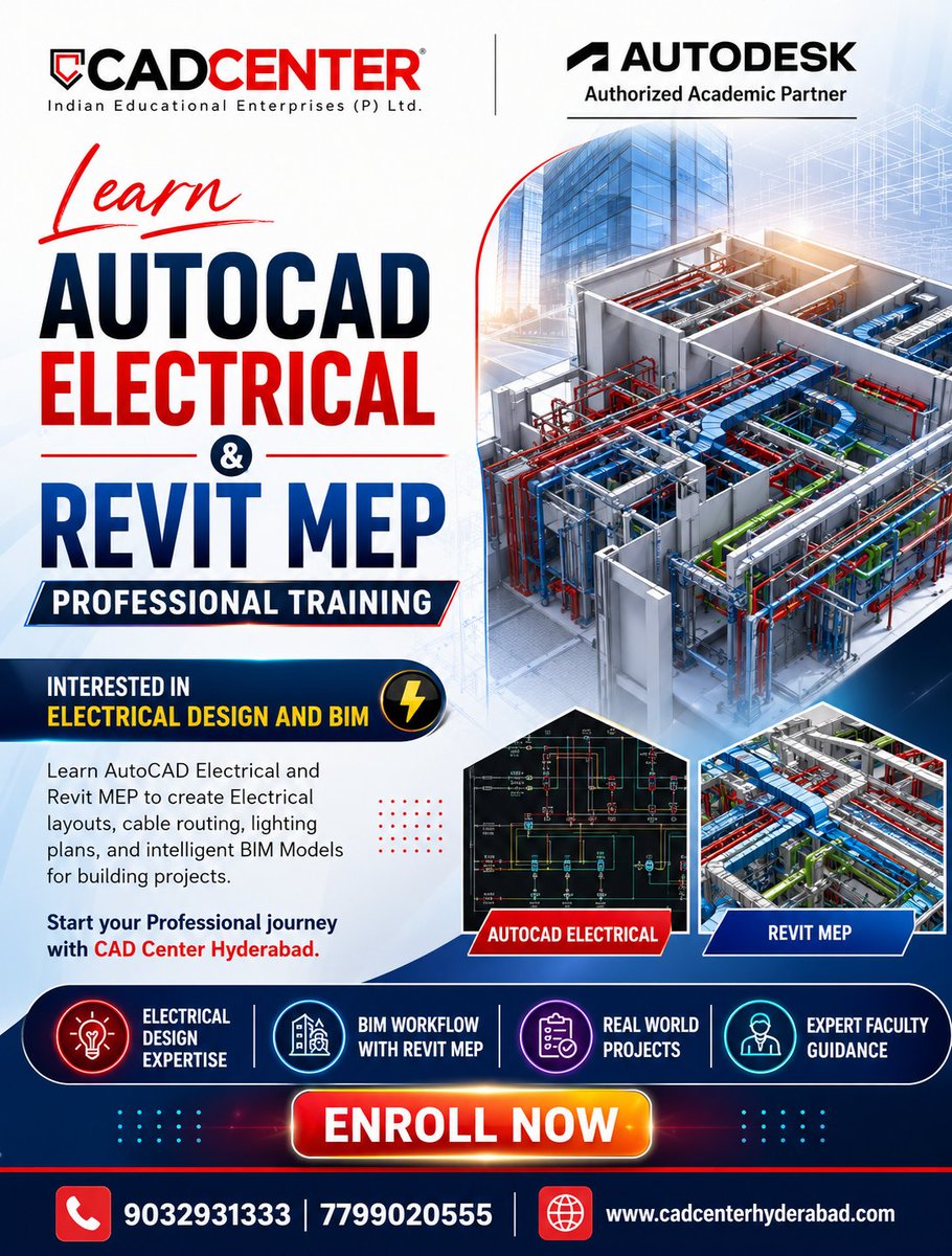 cadcenterhyd's tweet photo. Master Electrical Design & BIM with Industry-Focused Training at CAD Center Hyderabad
#AutoCADElectrical #RevitMEP #BIMTraining #ElectricalDesign #MEPDesign #Autodesk #EngineeringTraining #CivilEngineering #ElectricalEngineering #BIMModeling #CareerGrowth #SkillDevelopment https://t.co/MmfO0XztoI