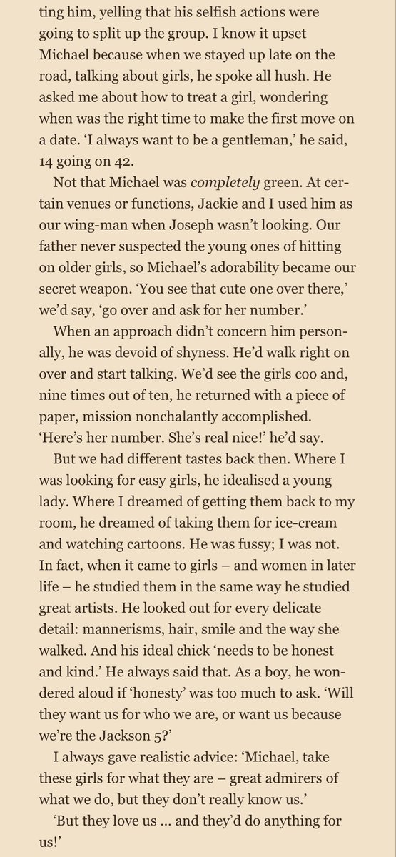 LiberianGirl779's tweet photo. The difference between young Michael and young Jermaine: “Where I was looking for easy girls, he idealised a young lady. Where I dreamed of getting them back to my room, he dreamed of taking them for ice-cream and watching cartoons. He was fussy; I was not. He studied them in the same way he studied great artists. He looked out for every delicate detail: mannerisms, hair, smile and the way she walked. And his ideal chick 'needs to be honest and kind.”