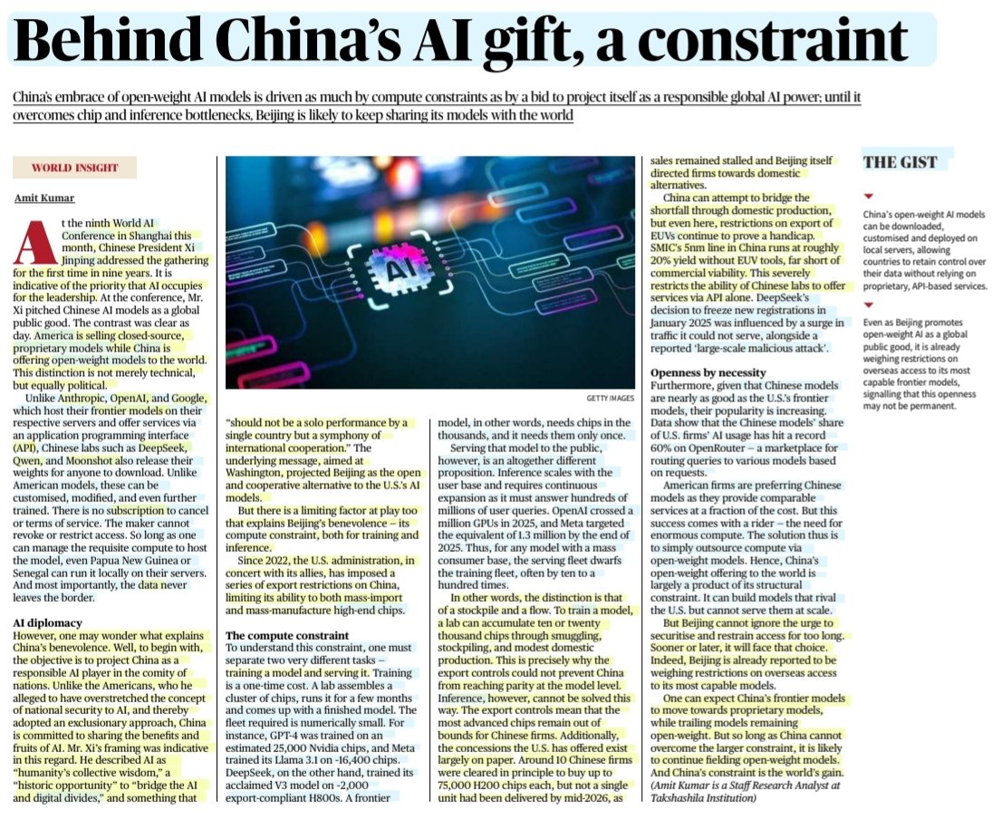imRavikantYadav's tweet photo. Behind China's AI gift, a constraint
:An informative article by Sh Amit Kumar
#China #ArtificialIntelligence #OpenWeightModels #WorldAIConference
#USA #ProprietaryModel
#ClosedSource
#Training #Inference #Compute
#Chips
#Anthropic #OpenAI
#FrontierModel
#Deepseek #Qwen
#UPSC https://t.co/RazC1vGa05