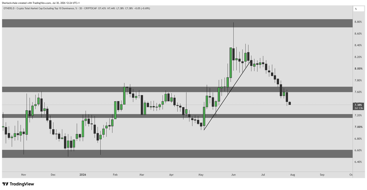 VisionVAcademy's tweet photo. 🔔 Sherlock

ALTCOIN UPDATE x OTHERS.D
Nothing much to worry about yet if you are positioned in altcoin shorts. OTHERS.D lost the 7.6% support, retested it as resistance and is now moving toward the next major support around 7.2%.

This does not mean every altcoin has to https://t.co/syPJxTdPLf