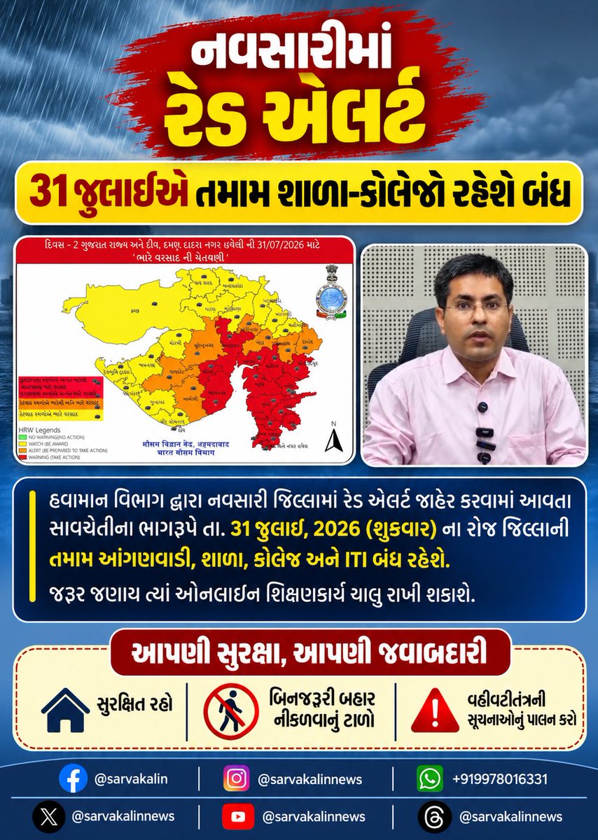 sarvakalinnews's tweet photo. કલેક્ટરનો મહત્વનો નિર્ણય ભારે વરસાદ આગાહીને પગલે 31 જુલાઈએ તમામ શાળા-કોલેજો રહેશે બંધ
➡️ પળેપળની અપડેટ તથા ન્યૂઝ માટે sarvakalin પેજ Follow તથા Like કરવાનું ભૂલશો નહિં
#BreakingNews #NavsariDistrict #SouthGujarat #Gujarat #GujaratiNews #NavsariNews #newsupdate #BeAlert #News https://t.co/AkYypuY5Sq