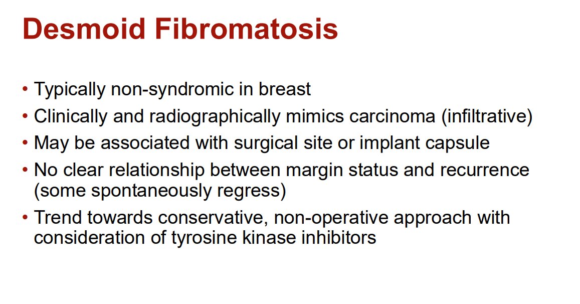 Janiranavarro's tweet photo. "Common" bland spindle cell lesions of the breast
Desmoid Fibromatosis

- Typically non-syndromic in breast
- Clinically and radiographically mimics carcinoma
- Trend towards conservative, non-operative approach with consideration of tyrosine kinase inhibitors
- β-catenin positive (up to 70%), but metaplastic carcinomas and fibroepithelial lesions may also show nuclear β-catenin labeling; always include cytokeratin IHC

Dr. Cimino-Mathews #USCAP #pathology #PathX #PathTwitter #Breastpath
