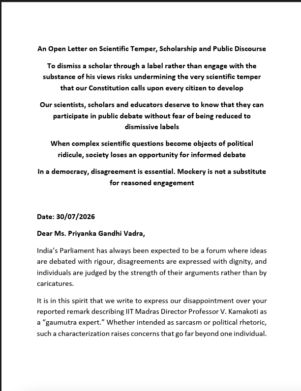 DDNewslive's tweet photo. Over 215 Vice Chancellors, former Vice Chancellors, and academics signed an open letter condemning Congress MP Priyanka Gandhi Vadra for mocking #IITMadras Director Prof. V. Kamakoti as a "gaumutra expert" during a #LokSabha debate . https://t.co/06SITvMWsX