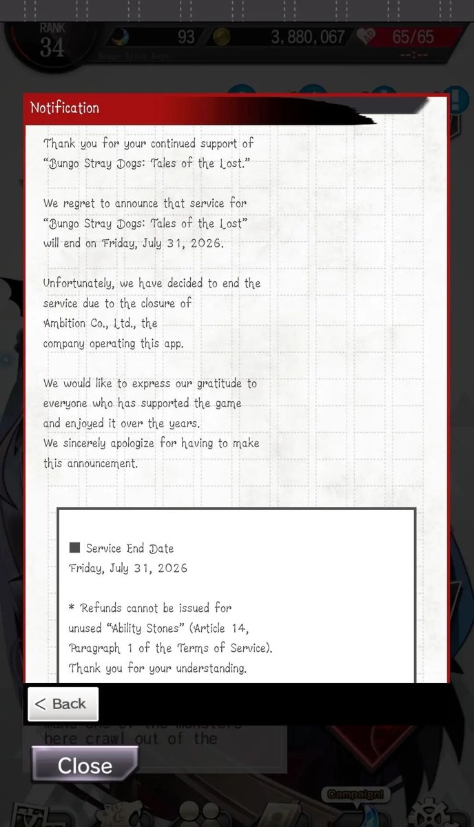 FedyaMellow's tweet photo. Damn this must've suck for the ppl who still play Bungo Tales. I used to grind so much on this game and even got luckier pulls than most gacha games I've ever played https://t.co/7bku4ZUfZ8