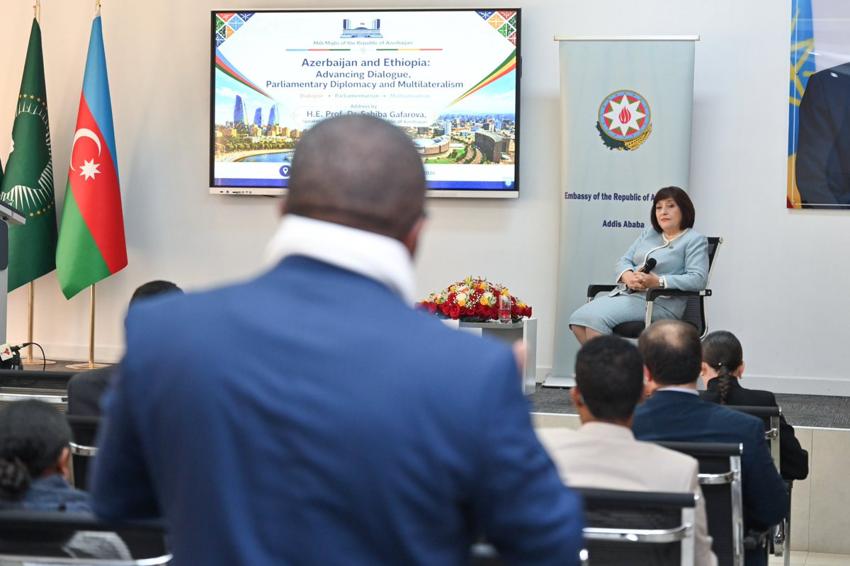 Speaker_Az's tweet photo. Efiopiyanın Xarici Əlaqələr İnstitutunda gənclərlə görüşmək, onların maraqlı suallarını cavablandırmaq və səmimi fikir mübadiləsi aparmaq aparmaqdan məmnunluq duydum. 

It was a great honour to engage with the talented young generation of Ethiopia at the Institute of Foreign Affairs and to exchange views on parliamentary diplomacy, multilateral cooperation, and the evolving global landscape.

I greatly appreciated their thoughtful questions and genuine interest. Open dialogue with young people is essential for building mutual understanding and shaping a more cooperative future.