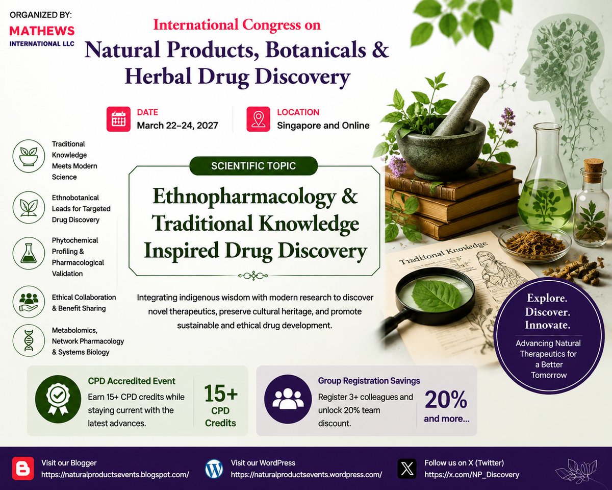NP_Discovery's tweet photo. 🌿 Scientific Topic Spotlight
Ethnopharmacology &amp; Traditional Knowledge Inspired Drug Discovery
📅Mar 22–24, 2027
📍 Singapore &amp; Online
🔗 https://t.co/NdXw2zJNmX
📝 Abstracts: https://t.co/mVxr1DZT14 https://t.co/aFjIJZ9zCR