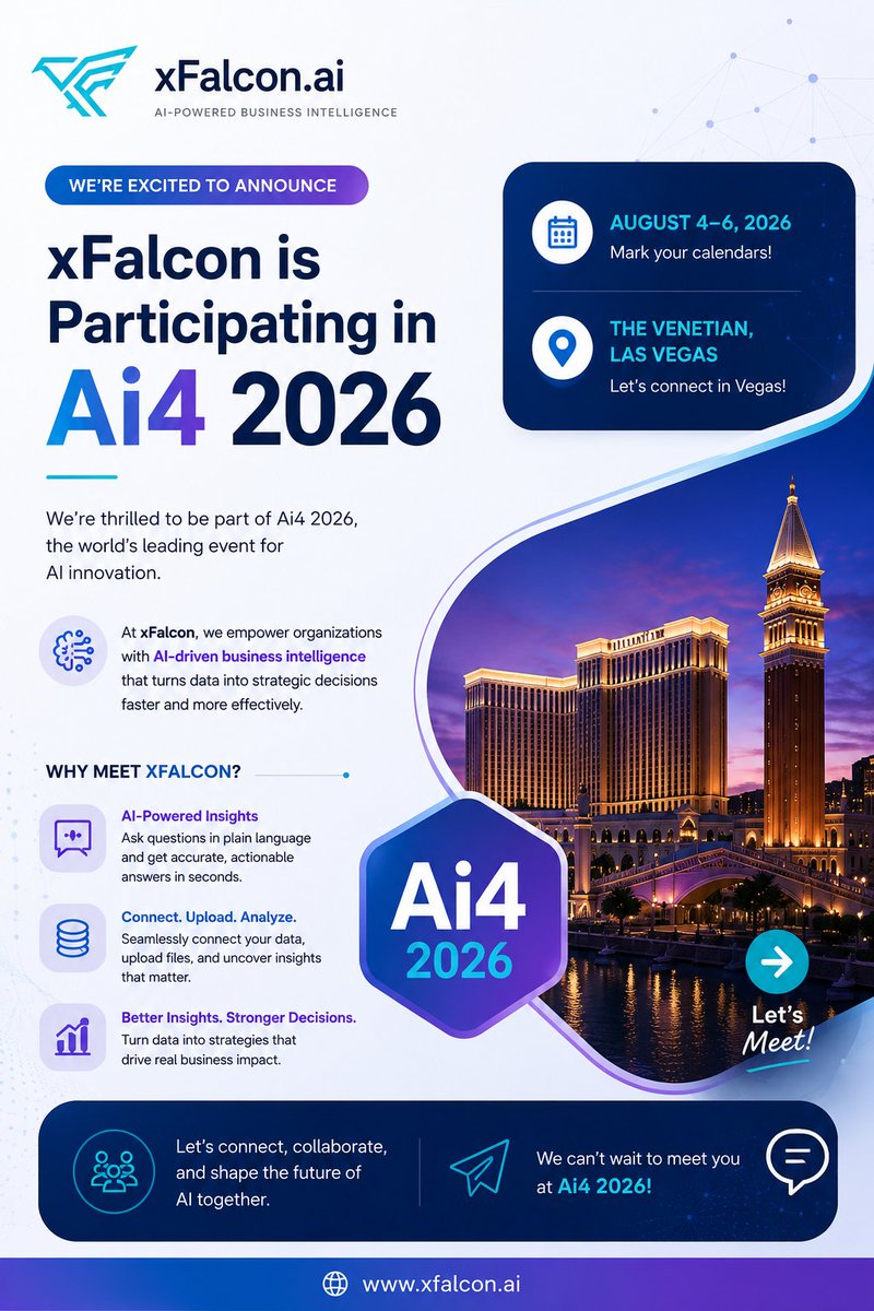 xFalcon_ai's tweet photo. We're heading to Ai4 2026! 🚀
Join us as we showcase how https://t.co/D3U09ZjV2r is helping businesses turn data into faster, smarter decisions with AI.
📍 The Venetian, Las Vegas
📅 August 4–6, 2026
Let's connect and shape the future of AI together.

#Ai4 #BusinessIntelligence https://t.co/hMh51zeT9w