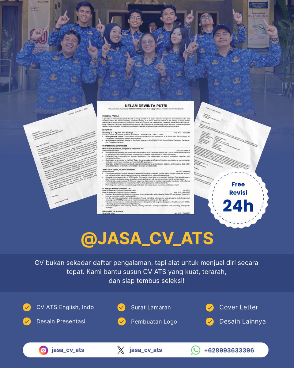 jasa_cv_ats's tweet photo. hi, OPEN🥰
menerima jasa bikin CV ATS friendly, surat lamaran, cover letter, start dr 20k
lolos BUMN, Shopee, Tokped, Grab, maganghub, beasiswa, dll🤩
contoh CV, 3.5k+ testi cek IG jasa_cv_ats☺️
order by WA, klik link di bio ya🤓 2
#zonauang
#zonajajan
#zonaBA
#jasaCV
#jasaCVATS https://t.co/bn0hzUNdr3