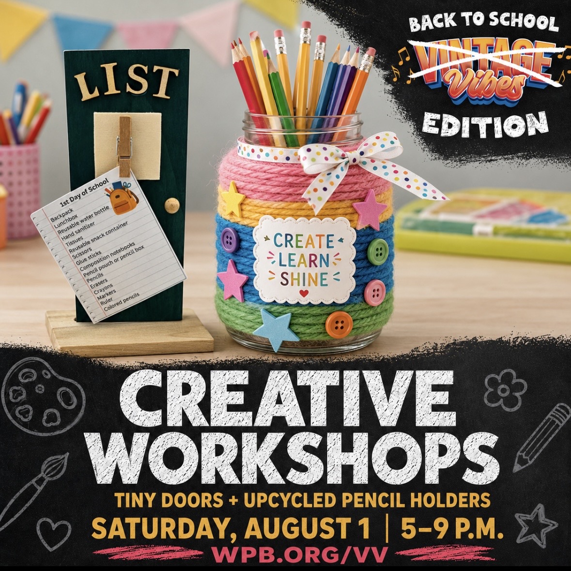 DowntownWPB's tweet photo. Get creative at Vintage Vibes Aug. 1. Make a Tiny Door or picture frame at 5 or 7 p.m., create an upcycled pencil holder at 6 or 8 p.m., and explore Resource Depot's REuse Robo Heads. Free event, 5-9 p.m. at the WPB Waterfront. https://t.co/t6JS9uNCDn https://t.co/ykibB1wvQD