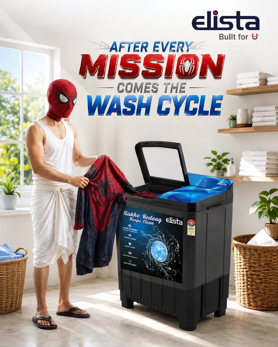 ElistaWorld's tweet photo. Even superheroes can't escape laundry day. 
After all the action, the real hero is the washing machine that gets the suit ready for the next mission. 

#Elista #WashingMachine #LaundryDay #Topical #EverydayHeroes #BuiltForU https://t.co/Kw3KAcMQLQ