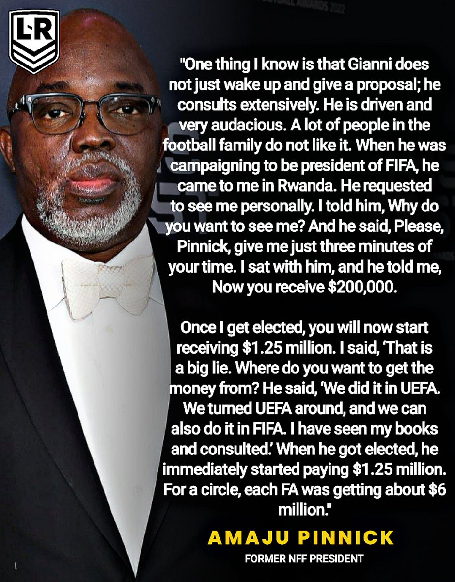 LeaguesReporter's tweet photo. Former Nigeria Football Federation president and current deputy chairman of FIFA Men's National Team Competitions, Amaju Pinnick, on FIFA's proposal to sell a 20% stake in the World Cup to a private investor.

(✍️: Vanguard News) https://t.co/Q94kYzKSUA
