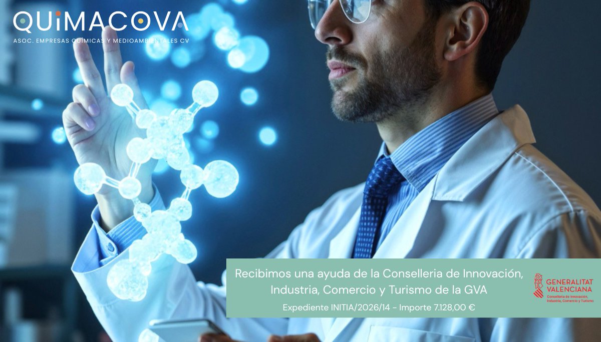 QUIMACOVA's tweet photo. Hemos recibido una subvención de 7.128,00 € de la Conselleria de Innovación, Industria, Comercio y Turismo para impulsar la formación en inteligencia artificial e innovación disruptiva en el sector químico valenciano (Expediente  INITIA/2026/14)
Más info https://t.co/uT3nBMQ3DL https://t.co/0f3t0EP60B