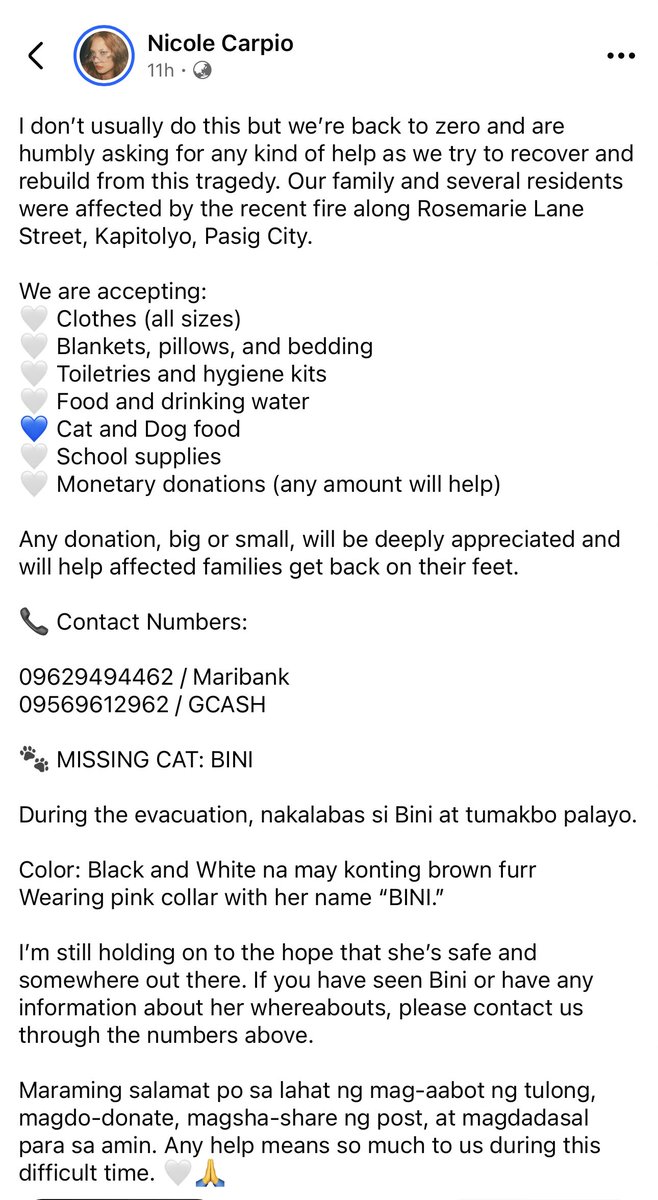 itsCHERBini's tweet photo. Hello, everyone!

Reposting this for one of my closest friends in bloomtwt (tagged in this post) &amp; her family. 😞🙏🏻 They're one of the residents na nasunugan recently sa Pasig. Wala talaga silang naisalba sa mga gamit, tapos si Bini yung cat niya still missing pa rin. 😞🙏🏻 (1/3) https://t.co/8HHuw1tgA6