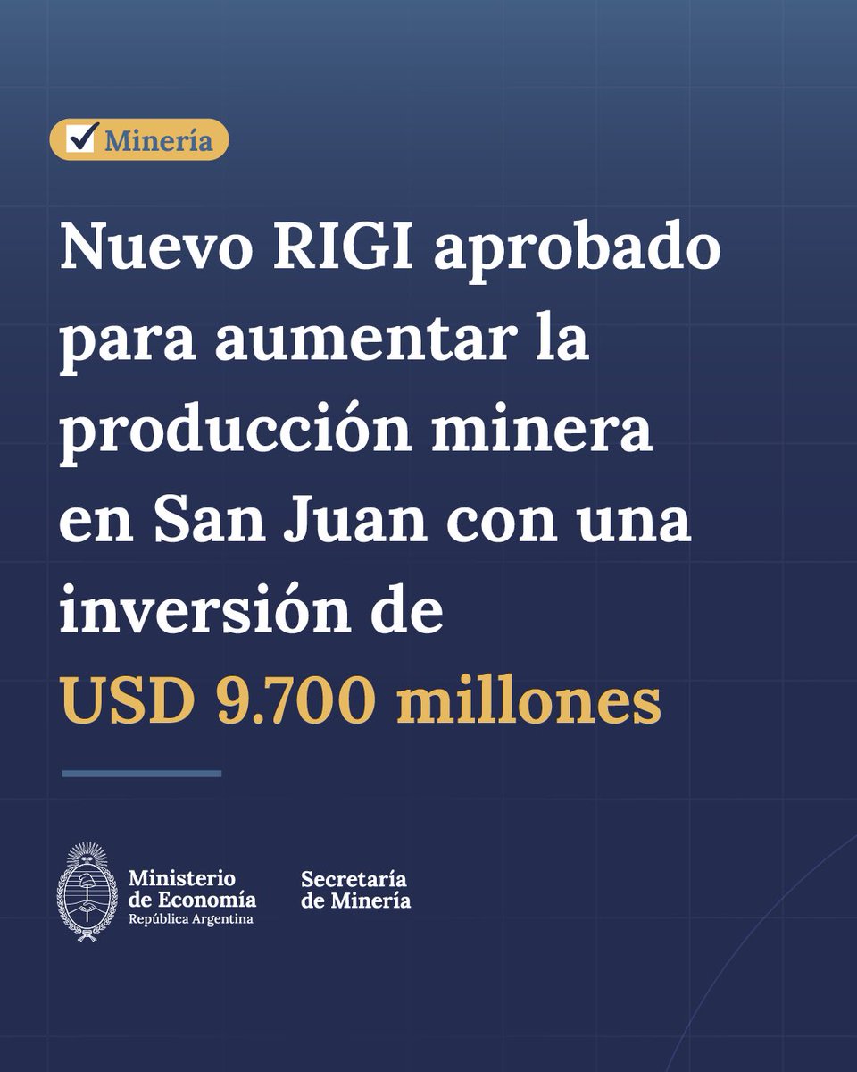 MinEconomia_Ar's tweet photo. UN NUEVO PROYECTO RIGI QUE MARCA UN ANTES Y UN DESPUÉS EN LA INDUSTRIA MINERA ARGENTINA

Se formalizó la adhesión al RIGI del proyecto Vicuña, desarrollado en la provincia de San Juan por las empresas BHP y Lundin, con una inversión inicial de USD 9.700 millones.

El proyecto está destinado a la extracción de cobre, oro y plata. Generará exportaciones por más de USD 2.600 millones al año y 31.700 empleos directos e indirectos.