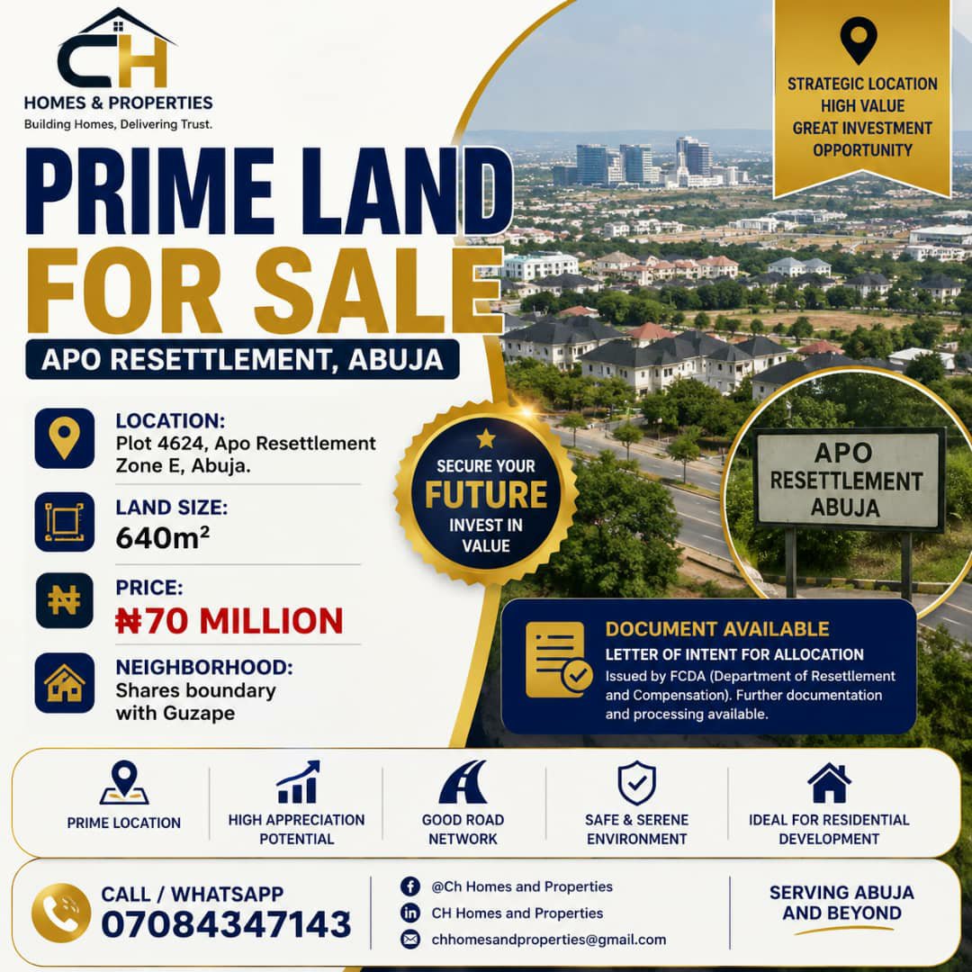 ChHomesPropNG's tweet photo. FOR SALE – PRIME RESIDENTIAL LAND IN APO RESETTLEMENT, ABUJA
An excellent opportunity to own a strategically located plot in one of Abuja's fast-growing residential districts.
📌 Location: Plot 4624, Apo Resettlement Zone E, Abuja
📐 Land Size: 640m²
💰 Asking Price: ₦70 Million https://t.co/KZScQznoKv