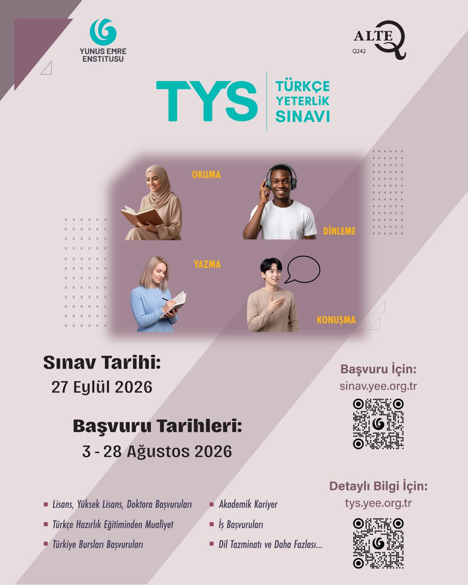 TC_MostarBK's tweet photo. 📣 2026 yılının üçüncü Türkçe Yeterlik Sınavı için uygulama takvimi açıklanmıştır.

Sınav tarihi: 27 Eylül 2026

Başvuru tarihleri: 3-28 Ağustos 2026

Başvuru için: https://t.co/b2b4NKTo6c

Detaylı bilgi için: https://t.co/2tXj6ZbVAx https://t.co/2Y1uf3h4Vk