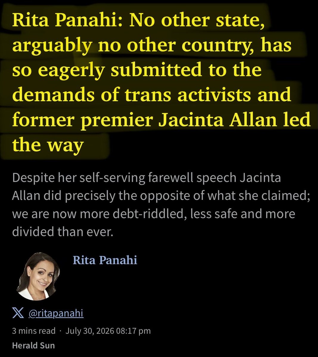 DoNoHarm79's tweet photo. “Rights of girls and women have regressed under the Andrews &amp; Allan governments. Victorian Labor's radical policies have decimated sex based rights. No other state, arguably no other country, has so eagerly submitted to the demands of trans activists and the premier led the way.” https://t.co/YSgb1GIQEw
