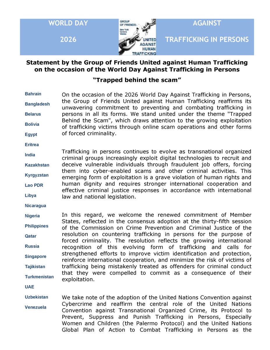 BelarusUNOG's tweet photo. Joint Statement by the Group of Friends United against #HumanTrafficking on the occasion of #WorldDayAgainstTraffickinginPersons marked under the theme #TrappedBehindTheScam
๐ง๐ญ๐ง๐ฉ๐ง๐พ๐ง๐ด๐ช๐ฌ๐ช๐ท๐ฎ๐ณ๐ฐ๐ฟ๐ฐ๐ฌ๐ฑ๐ฆ๐ฑ๐พ๐ณ๐ฎ๐ณ๐ฌ๐ต๐ญ๐ถ๐ฆ๐ท๐บ๐ธ๐ฌ๐น๐ฏ๐น๐ฒ๐ฆ๐ช๐บ๐ฟ๐ป๐ช
#EndHumanTrafficking https://t.co/qk3zf2B93f