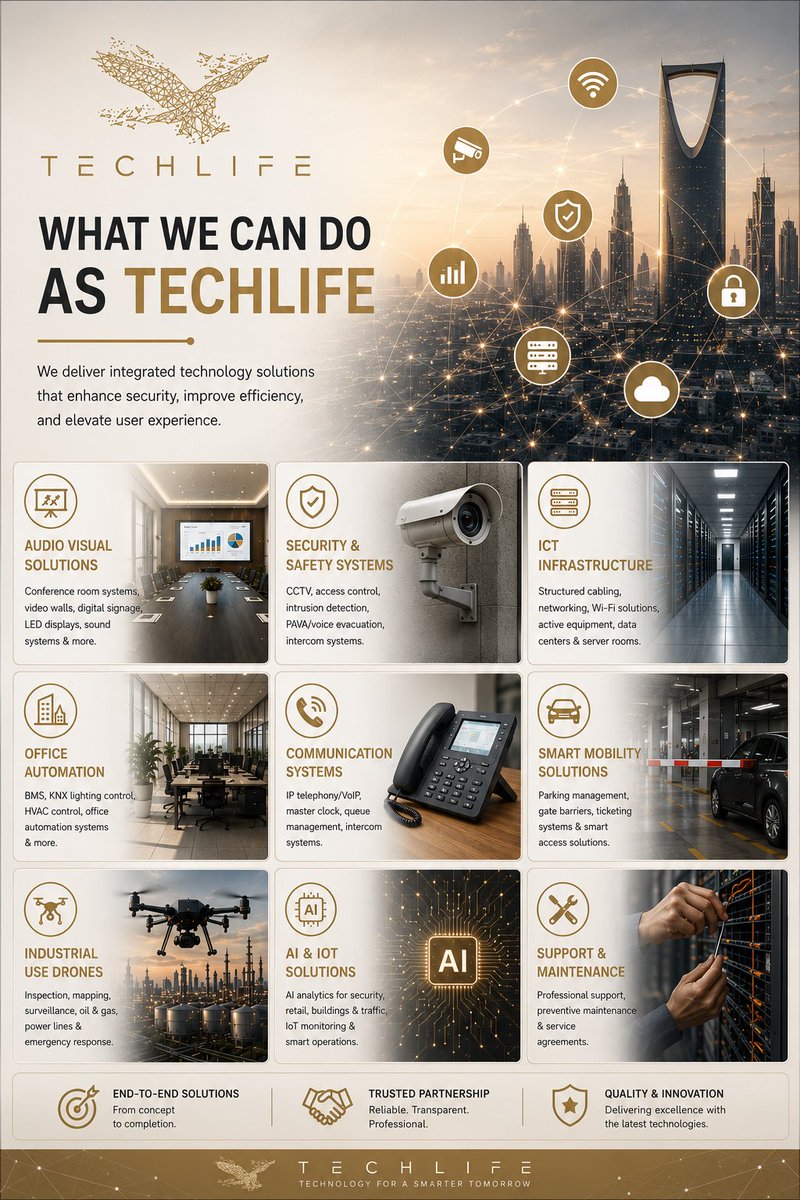 TechLife_SA's tweet photo. From AV and ICT to AI, Security, Automation, and Industrial Drones, TECHLIFE delivers integrated solutions that drive smarter businesses.

#TECHLIFE #Technology #ICT #AI #IoT #Security #Innovation #SaudiArabia #Vision2030 https://t.co/0FGuBVv2TE