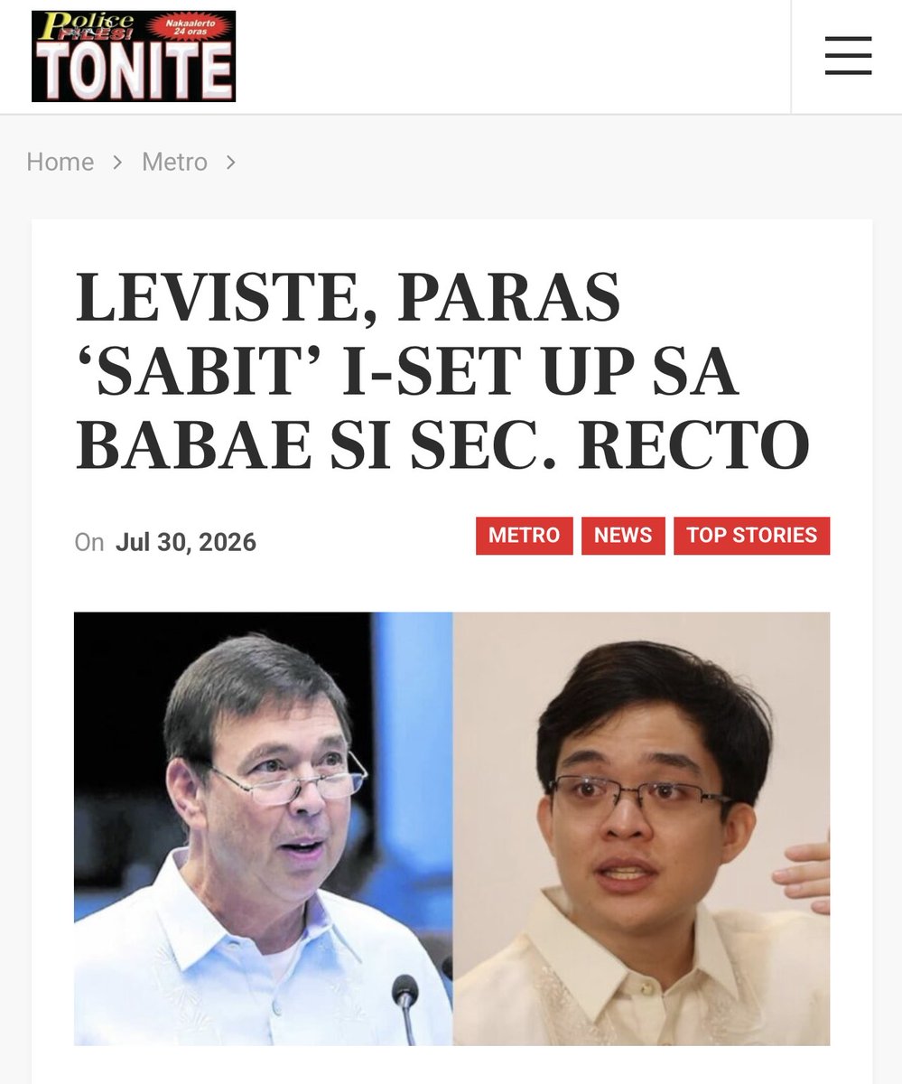 AltIndayBadiday's tweet photo. JUST INday Badiday

‘Set up’ para kay Sec. Ralph Recto, napurnada.

Nauna nang iniulat sa GMA NEWS, 24 Oras ang eksena at napangalanan naman ang mga sangkot ni Ramon Tulfo. 

Anak ni Legarda, sabit???

ctto 🎥📸 https://t.co/HKRnF1RrgU