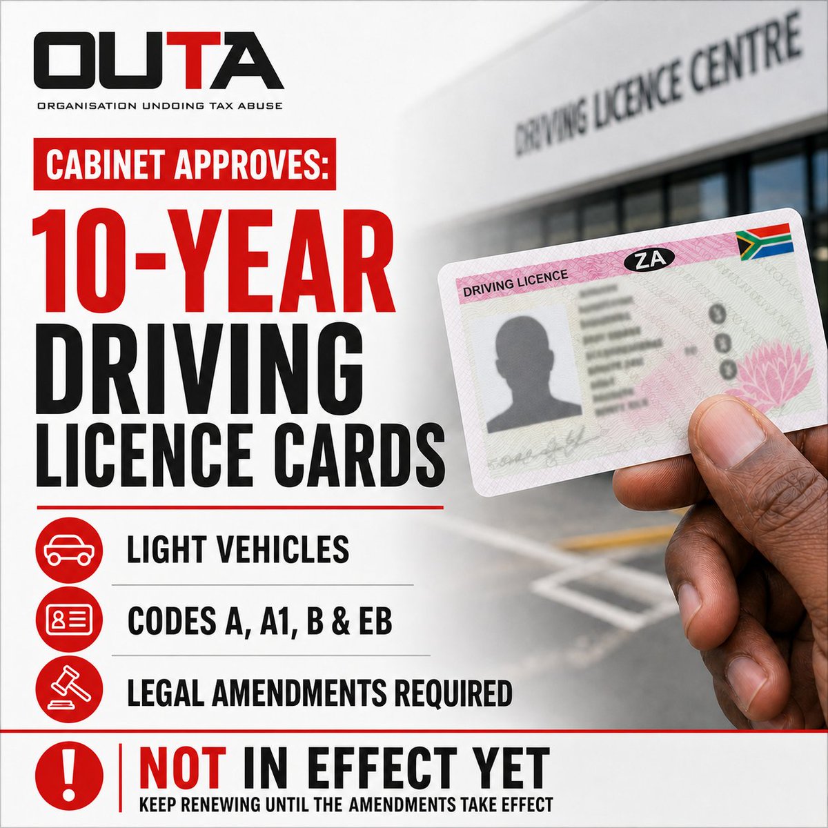 OUTASA's tweet photo. Breaking News: #OUTA called for 10-year #driverslicence cards in 2020, researched 35 countries and presented the evidence to the Transport Minister in 2022.
Cabinet has finally approved it. Persistence pays.
https://t.co/cLUurbKfrz https://t.co/w1XyUraxgf