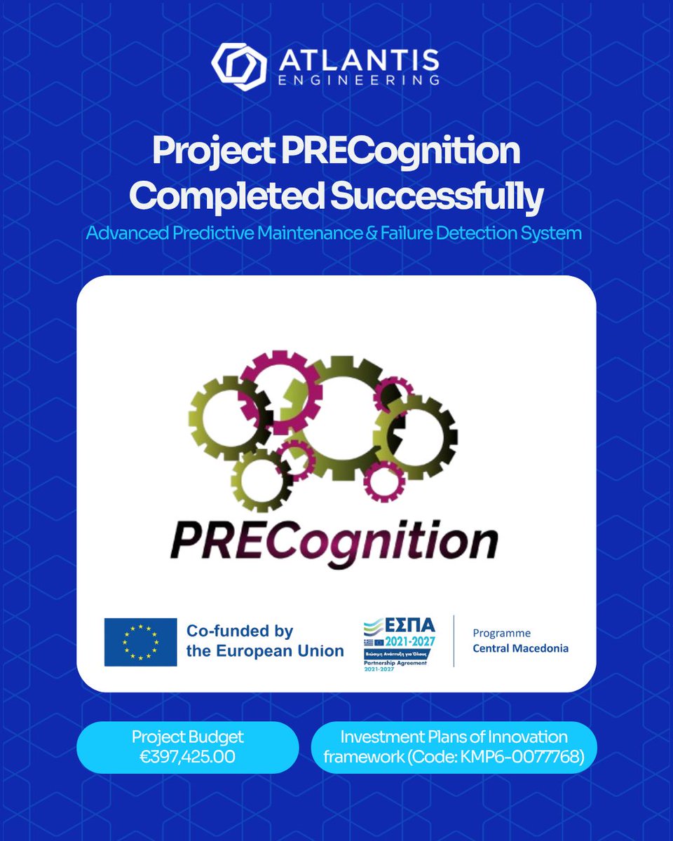 EngAtlantis's tweet photo. R&amp;D Milestone → Project PRECognition Completed!

Atlantis Engineering has completed PRECognition, combining predictive failure detection with cognitive maintenance management.

Early failure prediction, maintenance scheduling for production demands, and longer equipment life. https://t.co/GJtjb3Q2g6