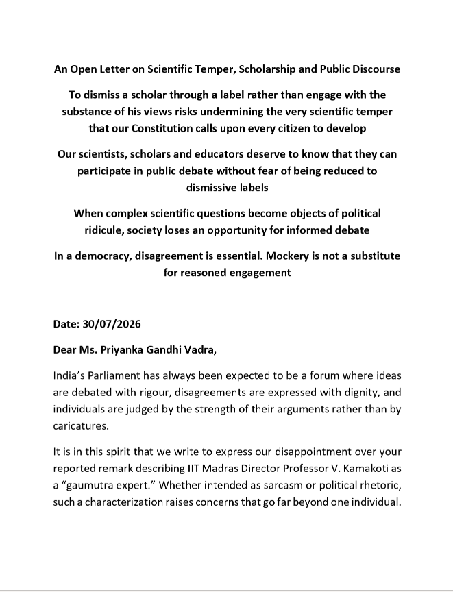 ians_india's tweet photo. 215 Vice Chancellors, Former Vice Chancellors and Academics write an open letter to Congress MP Priyanka Gandhi against her remarks against IIT Madras director Prof V Kamakoti https://t.co/ltCuG8IC56