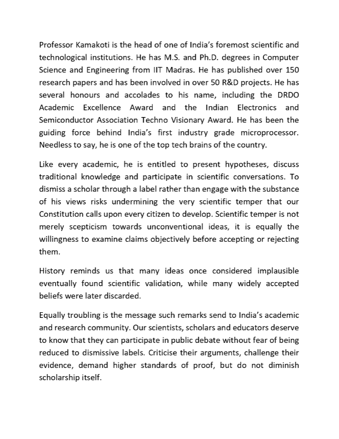 ians_india's tweet photo. 215 Vice Chancellors, Former Vice Chancellors and Academics write an open letter to Congress MP Priyanka Gandhi against her remarks against IIT Madras director Prof V Kamakoti https://t.co/ltCuG8IC56