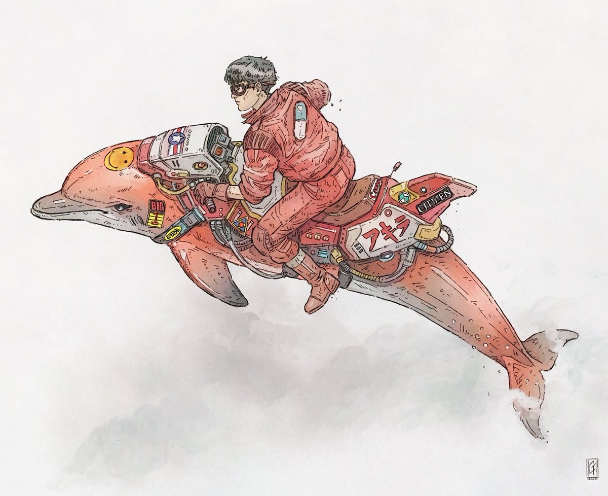 GFromenteau's tweet photo. I had fun mixing my flying #sea #animals world with my favorite #akira character Kaneda. Done in #procreate with #watercolor brushes. https://t.co/Jrq9uO2lX2