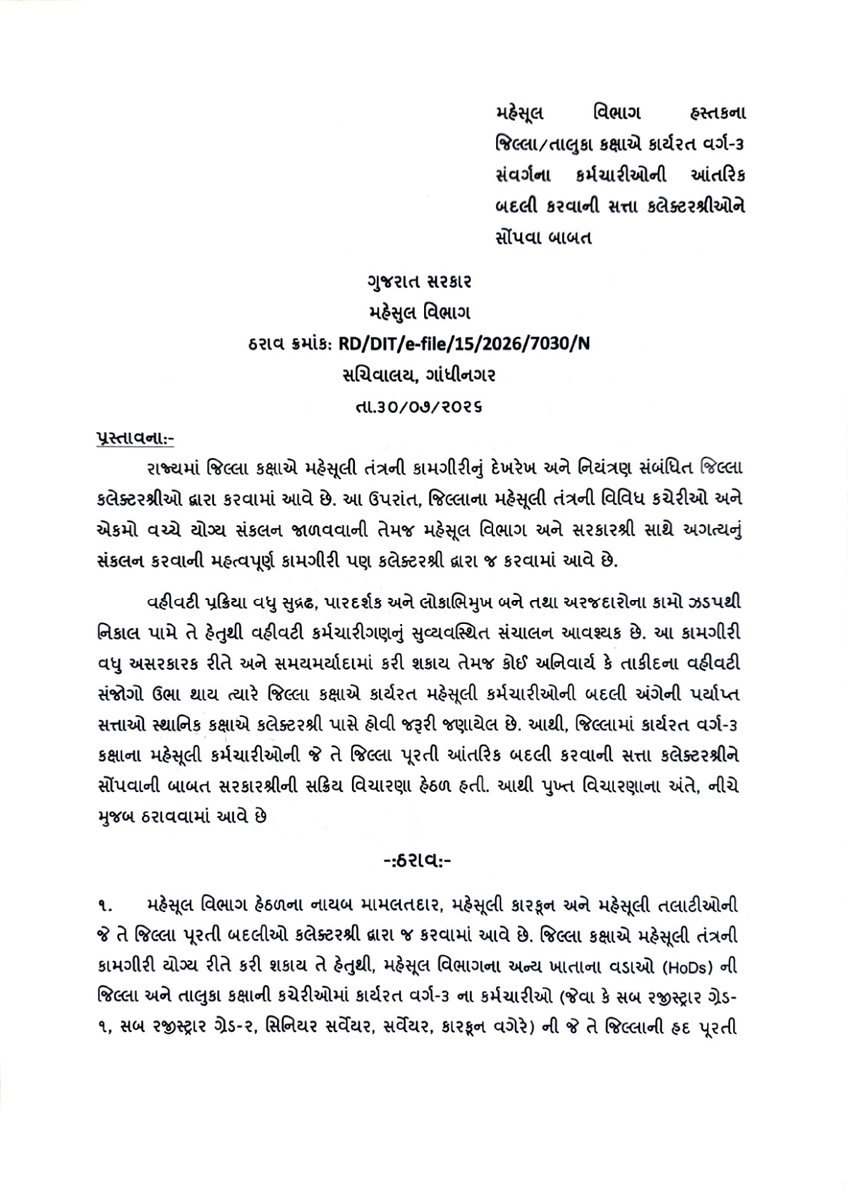 NewsCapitalGJ's tweet photo. મહેસૂલ વિભાગના જિલ્લા-તાલુકા કક્ષાના વર્ગ-3 કર્મચારીઓની આંતરિક બદલીની સત્તા હવે કલેક્ટરને સોંપાઈ

#RevenueDepartment #GujaratGovernment #Collector #AdministrativeReforms #GovernmentOrder #TransferPolicy #Class3Employees #DistrictAdministration #Taluka #GovernmentJobs #GujaratNews