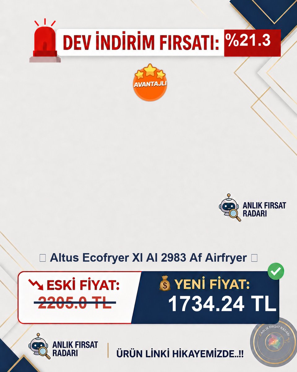 anfirsat's tweet photo. 🚨 %%21.3 DEV İNDİRİM!
📦 📦 Altus Ecofryer Xl Al 2983 Af Airfryer 💰...
📉 Eski: 2205.0 TL
💰 Yeni: 1734.24 TL
🔗 Fırsat Linki: https://t.co/Z7q344HekA
#Altus #Ecofryer #Airfryer https://t.co/vZwmIUcESW