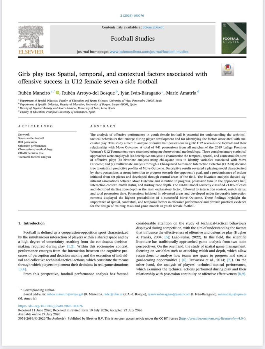 RarroyoBosque's tweet photo. ¡Nuevo artículo publicado en Football Studies!
Girls play too: Spatial, temporal, and contextual factors associated with offensive success in U12 female seven-a-side football
Analizamos los factores asociados al éxito ofensivo en fútbol 7 femenino U12.
https://t.co/cefQK7x9z3 https://t.co/KaFvjL3qtp