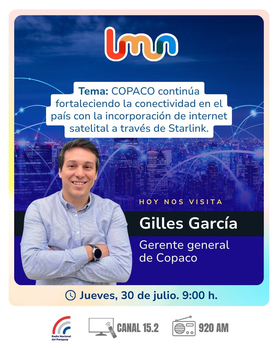 rnpy920am's tweet photo. Hoy en #LaMañanaNacional recibimos la visita de Gilles García, gerente general de @COPACO_SA para hablar sobre el fortalecimiento de la conectividad en el país con la incorporación del Internet satelital a través de @Starlink https://t.co/71SNIZ5mDm