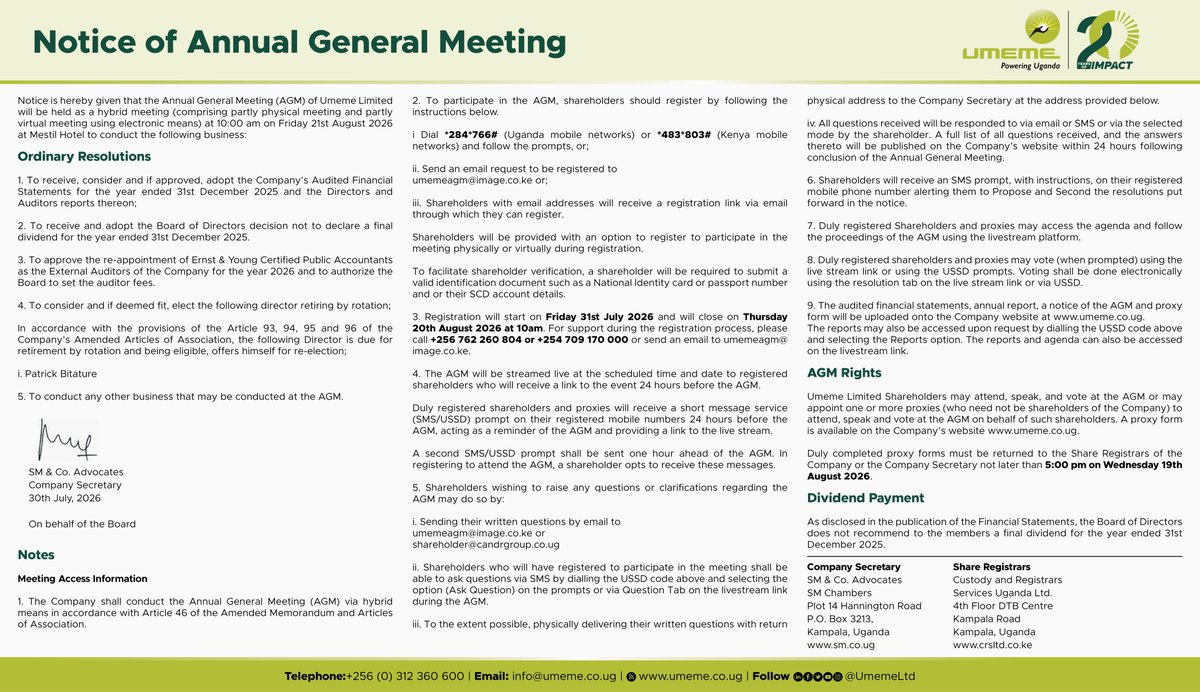 UmemeLtd's tweet photo. Our Annual General Meeting of shareholders for the year ended 31 December 2025 will be held on Friday 21 August 2026 as a hybrid meeting at 10am EAT.

#Umeme20YearsOfImpact

[NOTICE]. https://t.co/amVIJsP8j5