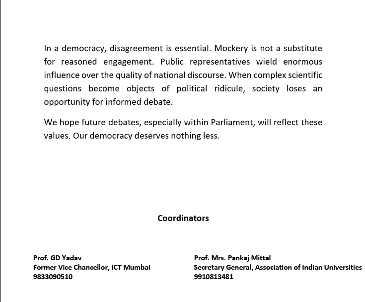 DDNewslive's tweet photo. Over 215 Vice Chancellors, former Vice Chancellors, and academics signed an open letter condemning Congress MP Priyanka Gandhi Vadra for mocking #IITMadras Director Prof. V. Kamakoti as a "gaumutra expert" during a #LokSabha debate . https://t.co/06SITvMWsX