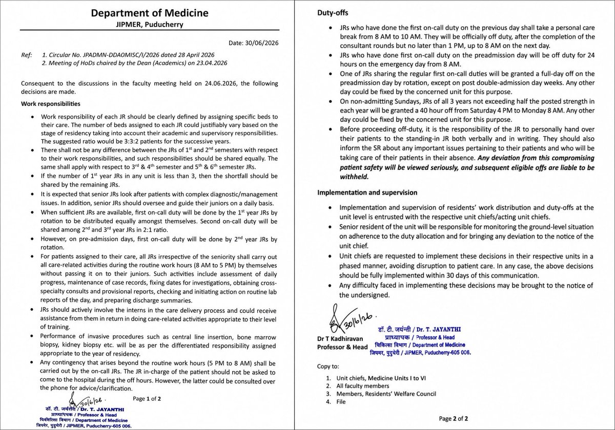 jsdass1978's tweet photo. A wake up call for all Resident Doctors Associations 

Dear all fellow Indians & PG medicine aspirants, let me share with you the very  happy news that JIPMER is making sincere efforts for a work – life balance of junior resident doctors with a 48 hours work week & a week off 

Resident  doctor association played a vital role to make this miracle happen. 

 Following the meeting of all HoDs chaired by the Dean (Academics) on 23 April 2026, few guidelines were issued by department of medicine on 30 June 2026  Have a look at the points mentioned in the instructions. Sincere & wonderful!! 

The medicine department has done in-depth analysis of root causes of long duty hours and issued few instructions to unit chief & all faculty members  All instruction mentioned are pragmatic, logical and praiseworthy & will definitely ensure a work-life balance to our PG children without compromising patients’ care  

Ground Reality 

 Spoke to a few junior residents of Ortho & surgery departments. They feel some considerable changes. Even though a week off is not a guaranteed one, they are not having cruel illegitimate 36 hours duties as in the past which is a major point towards eliminating toxicity.   They do complain about high workload.

But at least they are able to leave for the hostel late at night rather than staying at the ward for the next day.  Also they tell  that the management is interacting with them to fix issues. Very happy news!! 

In the past 30 years of India’s medical education history none heard the sufferings of PG students  JIPMER has started it. Also HoD has given 30 days’ time frame to unit chiefs & faculty to implement this fully which is today.  We can’t expect the system to respond / change 100% in a month. But JIPMER has started it.

 We all can hope JIPMER will be free of toxicity and no PG will quit / need psychiatric counselling due to professional reasons  AIIMS & All other colleges shall follow the path of JIPMER to ensure a humane residency that is good for doctors community as well as for a quality patient care 

Let’s congratulate JIPMER management , Dean  &  medicine HoD once again for his sincere efforts  Sincere efforts of of JRDA & President Dr.Hariharan Rajangan & his team too deserves praise . 

Let's hope all RDAs across Nation emulate the same and eliminate toxicity. Time has come for RDAs to speak for PG student's rights and ensure duty hour rules are implemented on the ground.
