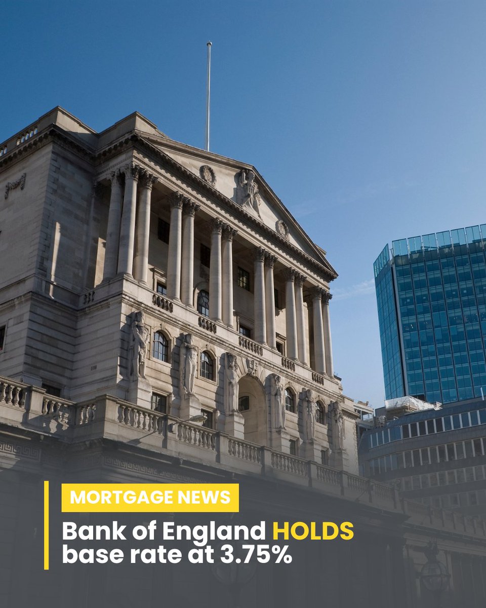 Crawf_Mulhol's tweet photo. Bank of England holds the base rate at 3.75% for a fifth time. Good news for borrowers, for now. Markets are now expecting rate rises, not cuts. If your fixed mortgage ends soon, it may be worth reviewing your options. 🏡

https://t.co/CyJTEWl5sA https://t.co/St8c5NA9Ud