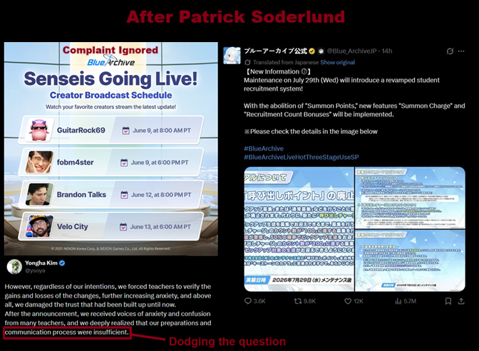GiveMeBanHammer's tweet photo. I am going to put into post form what we have covered today...and the strange little chains I've noticed as we talked about the curious case of Patrick Soderlund and his recent role as an Executive Chairman of Nexon.

I want to cover it in a series of key events in specific times intervals and I hope some of you will keep up with this.

Before 2026:
1. Blue Archive struck with fair few stupid EN "Localizations" decisions, such as the Kikyou lines. Strong player feedback caused the lines to be changed and be more consistent with the JP and KR lines.

2. The controversial CdawgVA/Connor collab - again strong player complaints and feedback caused the collab to be changed to Mint Fantome and Remilia Nephys. Another good ending to another scandalous event.

After 2026: When Patrick Soderlund became Executive Chairman
1. The next scandalous Blue Archive collab - involving an overt hater like Fobm4ster, and later Brandon, who came out defending Blue Archive Antis who frequently attack its players...they stuck around and continued with the collab despite player criticism. Odd change...

2. The massive gacha nerf that is now the biggest source of drama. Despite even more massive player complaints and backlash - the new gacha system formally took effect. Saving for 200 pulls is no longer sufficient to get the two featured banner characters, you have to save up for 400 pulls now instead to be safe.

Blue Archive's producer made an "apology" post that doesn't really address anything and claims that the problem is just "communication process were insufficient", despite fact that most players understood properly what was communicated - and that the new system was worse.

Now consider Patrick Soderlund's past decisions, from EA to Embark:
1. The Battlefield 5 disaster, his famous “don’t like it don’t buy it” moment when Battlefield fans and players complained about the direction of the game.

2. Scrapped the original pitch for Arc Raiders: massive PvE game that involved fighting giant machines and robots - in favour of the PvPvE extraction shooter bandwagon. Game had a honeymoon period but rapidly lost a lot of players after 3 months from release. Player feedback and requests continue to be largely ignored, especially mass requests for a PvE gamemode.

What does this all mean?
Again maybe I am being too schizo about this entire thing - but I have noticed that the timing of all these very subtle but noticeable changes surrounding Blue Archive. What was once a Nexon that still could change its mind especially in the face of large number of player feedback, now seems colder, more flippant and even outright ignoring feedback.

Now I'm saying clearly this is all speculation - but by making such a simple timeline of key time intervals and the subtle differences in how Nexon handles decisions surrounding Blue Archive, both before and after Patrick Soderlund assumed an executive role...I really think getting this Ex-EA exec who has a reputation for mocking or ignoring player feedback - I do not think the changes are coincidence.